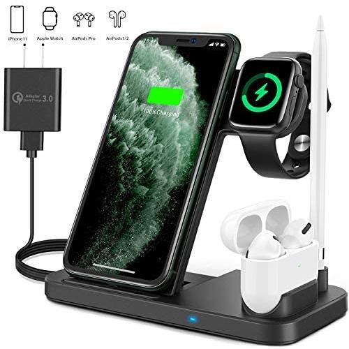 Updated Version 4 in 1 Wireless Charger, Fast Wireless Charging Dock Station for Apple iWatch Series 5/4/3/2/1, AirPods Pro/2 &Pencil Compatible with iPhone 11/11 Pro Max/XR/XS Max/Xs/Samsung