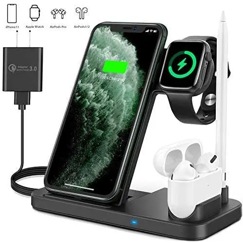 Updated Version 4 in 1 Wireless Charger, Fast Wireless Charging Dock Station for Apple iWatch Series 5/4/3/2/1, AirPods Pro/2 &Pencil Compatible with iPhone 11/11 Pro Max/XR/XS Max/Xs/Samsung