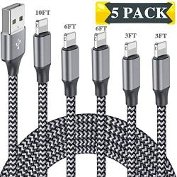 iPhone Charger, MFi Certified Lightning Cable 5Pack 3FT 3FT 6FT 6FT 10FT Charging USB Syncing Data Nylon Braided Compatible with iPhone 11/Pro/Max/X/XS/XR/XS Max/8/Plus/7/7 Plus/6/6S/6 Plus More