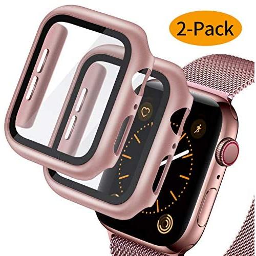 Deilin 2 Packs Hard PC Case Compatible with Apple Watch Series 5 Series 4 44mm Buit in 9H Tempered Glass Screen Protector, Slim Bumper Cover Overall Protective Scratch Resistant for iwatch Series 5/4