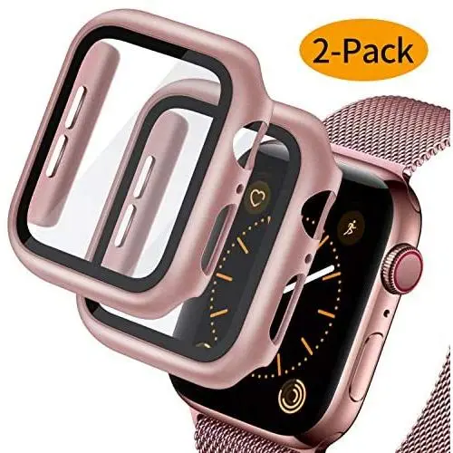 Deilin 2 Packs Hard PC Case Compatible with Apple Watch Series 5 Series 4 44mm Buit in 9H Tempered Glass Screen Protector, Slim Bumper Cover Overall Protective Scratch Resistant for iwatch Series 5/4