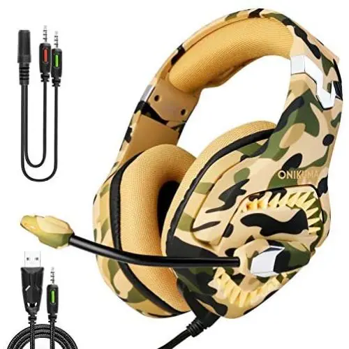 Innens Stereo Gaming Headset for PS4, Xbox One, Nintendo Switch, PC, Mac, K1B Pro Over Ear Gaming Headphones with Mic, Noise Cancelling, in-Line Control, LED Light, Surround Sound (Camo Yellow)