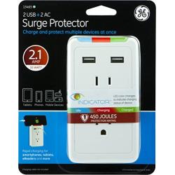 GE Surge Protector Charging Station, Wall Mount Adapter, Power Tap with Phone Holder Shelf, 2 Grounded Outlets, 2 USB Ports, LED Charging Status Indicator, 2.1A Fast Charge, 450 Joules, White, 13465