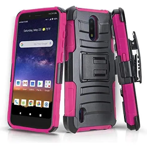 CasemartUSA Phone Case for [Nokia C2 Tennen/Nokia C2 Tava (Cricket Wireless)], [Refined Series][Pink] Shockproof Cover with Built-in Kickstand & Belt Clip Holster for Nokia C2 Tennen / C2 Tava