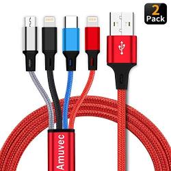 Amuvec Multi USB Charging Cable 3A, 4 in1 Fast Charger Cord Connector with Dual Phone/Type C/Micro USB Port Adapter, Compatible with Tablets/Samsung Galaxy/Google Pixel/LG and More (4FT/2Pack)