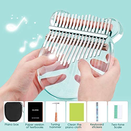 17-Key Kalimba Thumb Piano, Portable Transparent Acrylic Mbira Wood Finger Piano with Eva bag, Tuning Hammer and Study Instruction, Musical Instrument Gifts for Kids Adult Beginners (Bear Shape)