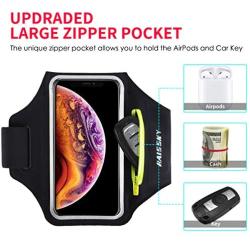 Running Armband with Airpods Bag Cell Phone Armband for iPhone 11/11 Pro/XR/XS/8/7, Water Resistant Sports Phone Holder Case with Touchscreen & Zipper Slot Car Key Holder for 6.5 inches Phone (Black)