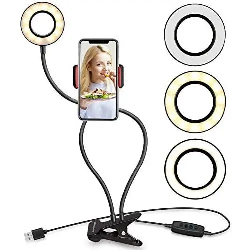 UBeesize Selfie Ring Light with Cell Phone Holder Stand for Live Stream/Makeup, LED Camera Lighting [3-Light Mode] [10-Level Brightness] with Flexible Arms Compatible with iPhone 8 7 6 Plus X Android
