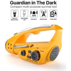 Flexzion Emergency Portable Radio FM AM LED Flashlight w/Solar & Hand Crank Powered, USB Recharging Cell Phone Charger Power Bank, Siren Alarm LED Camping Lantern Hiking Survival Gear Multi-Purpose