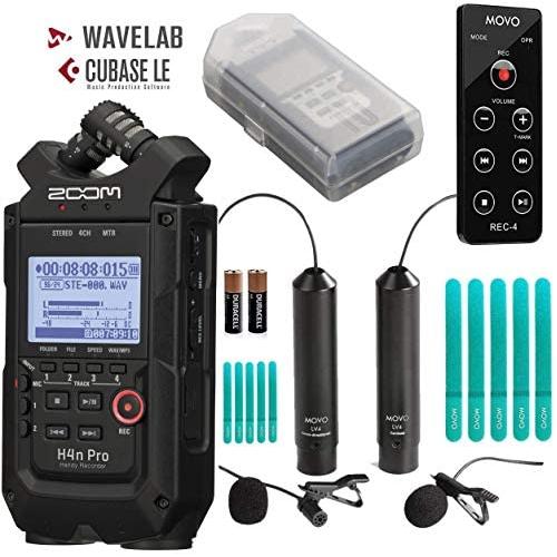 Zoom H4n PRO 4-Channel Handy Recorder Bundle with Movo Omnidirectional & Cardioid XLR Lavalier Microphones + Remote Control (All Black 2020 Version)