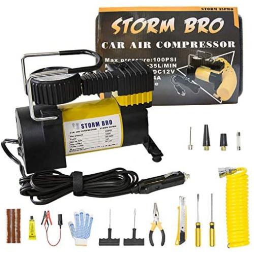 STORM BRO Portable Tire Air Compressor 12V DC Car Tire Pump 30mm Cylinder and 150PSI Tire Inflator with Tool Box for Auto,Trucks,Bicycles,Balls