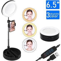 6.5" Selfie Foldable Ring Light with Stand,Phone Holder with Makeup Mirror,3 Colors Ringlights,USB Power with Remote,LED Light Ring for Video Recording,YouTube,Photograph,Live Streaming,Vlog(Black)