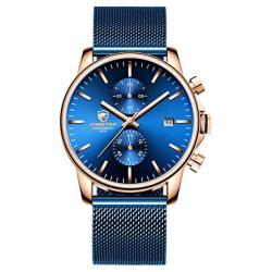 GOLDEN HOUR Mens Watches Fashion Sport Quartz Analog Black Mesh Stainless Steel Waterproof Chronograph Wrist Watch, Auto Date in Blue/Red/Gold Hands