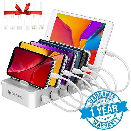 Charging Station for Multiple Devices - 6 Smart Charging Ports Docking Organizer - Compatible with iPhone iPad and Android Cell Phone and Tablet (6 Short Cables Included) (White) Charging Station for Multiple Devices - 6 Smart Charging Ports Docking Organizer - Compatible with iPhone iPad and Android Cell Phone and Tablet (6 Short Cables Included) (White)