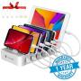 Charging Station for Multiple Devices - 6 Smart Charging Ports Docking Organizer - Compatible with iPhone iPad and Android Cell Phone and Tablet (6 Short Cables Included) (White)