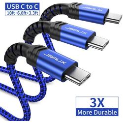 JSAUX USB C to C Cable 60W, 3-Pack [10ft+6.6ft+3.3ft ] Type C Fast Charging Cord Charger Compatible with Samsung Galaxy S20 Ultra Plus S20+ Note 10 10+ A80, Google Pixel 4 3 2 XL iPad Pro 2018 -Blue
