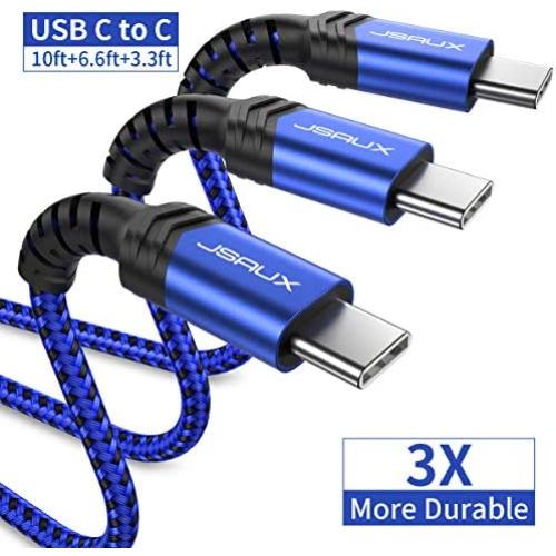 JSAUX USB C to C Cable 60W, 3-Pack [10ft+6.6ft+3.3ft ] Type C Fast Charging Cord Charger Compatible with Samsung Galaxy S20 Ultra Plus S20+ Note 10 10+ A80, Google Pixel 4 3 2 XL iPad Pro 2018 -Blue