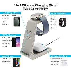 Quezqa Wireless Charging Stand – 3 in 1 Fast Wireless Charger – Qi Charging Station Dock Compatible with AirPods Pro Apple Watch Series 5 4 3 2 iPhone 11 Pro Max Xs X Xr 8(with QC 3.0 Adapter)