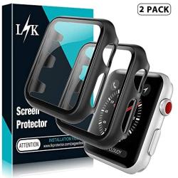 [2 Pack] L K Case for Apple Watch 42mm Series 1/2/3 Built-in Tempered Glass Screen Protector, All-Around Ultra-Thin Bumper Full Cover Hard PC Protective Case for iWatch 42MM - Black