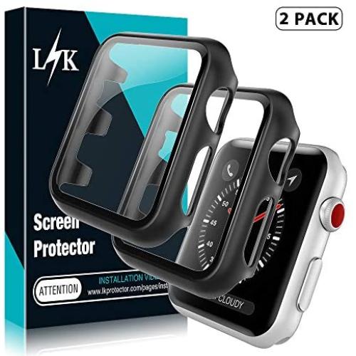 [2 Pack] L K Case for Apple Watch 42mm Series 1/2/3 Built-in Tempered Glass Screen Protector, All-Around Ultra-Thin Bumper Full Cover Hard PC Protective Case for iWatch 42MM - Black
