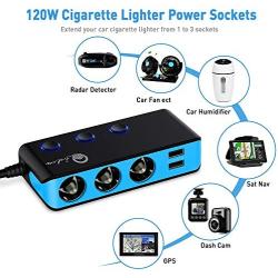 3-Socket Cigarette Lighter Quick Charge 3.0, Qidoe 120W 12V/24V Car Splitter and Three 2.4A USB Car Charger & LED Voltmeter Power Switch for GPS, Dash Cam, Sat Nav, Phone, iPad, Tablet (Blue)