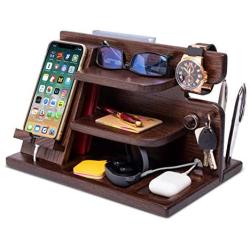 Wood Phone Docking Station Ash Key Holder Wallet Stand Watch Organizer Men Gift Husband Wife Anniversary Dad Birthday Nightstand Purse Father Graduation Male Travel Idea Gadgets