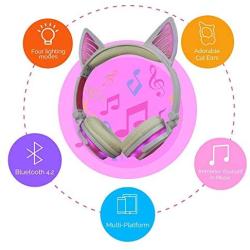 MeterMal Earphonel Cute Cat Ear Rechargeable Gaming Headset with LED Lights Colorful Over Ear Foldable Headphones with Mic for Cell Phone Pink