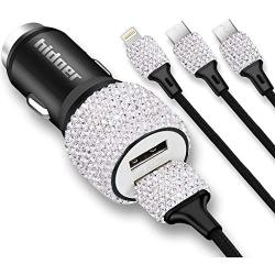 Bling USB Car Charger 5V/2.1A White Crystal Decoration Dual Port Fast Adapter with 3.9ft Nylon Type C/Micro USB 3-in-1 Multi Charging Cable for iPhone iPad Android, Car Interior Accessories for Women