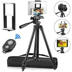 PEYOU Compatible for iPad iPhone Tripod, 50" Lightweight Aluminum Phone Camera Tablet Tripod + Wireless Remote + Universal 2 in 1 Mount Holder for Smartphone (Width 2.2-3.3"),Tablet (Width 4.3-7.3")