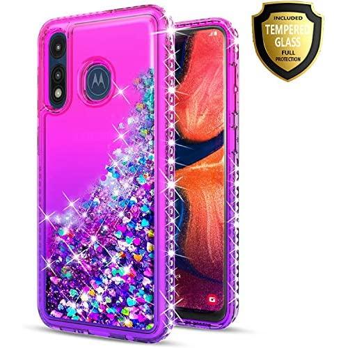 STARSHOP- Moto E 2020 Case, Motorola Moto E 2020 Phone Case, [NOT FIT E2/E4/E5] with [Tempered Glass Protector Included] Liquid Floating Glitter Quicksand Bling with Spot Diamond Cover - Pink/Purple