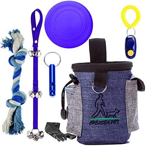 Puppy Training Kit 6 Pc Dog Train Equipment Set - Puppy Doorbells,Dog Waist Belt Treat Pouch,Whistle,Clicker,Poop Bag Dispenser,Waste Bag, Dog Disc, Chewing Toy for House /Outdoor Training Playing