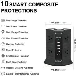 SAFEMORE Power Strip Tower,Smart 8-Outlet 4-USB Surge Protector Power Plug Electrical Charging Station Multiple Plug Outlets with 6.5ft/2M Long Extension Cord 110V Outlet USB Tower for Office(Black)