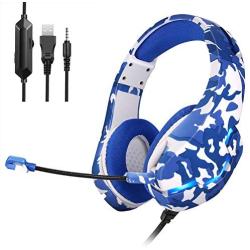 BEIMING 3.5mm Microphone Stereo Surround Headset with Soft Memory Ear Cups and LED Lights, Compatible with PS4, Xbox, Nintendo Switch，PC，Mobile Phones, Camouflage (Blue)