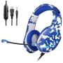 BEIMING 3.5mm Microphone Stereo Surround Headset with Soft Memory Ear Cups and LED Lights, Compatible with PS4, Xbox, Nintendo Switch，PC，Mobile Phones, Camouflage (Blue)