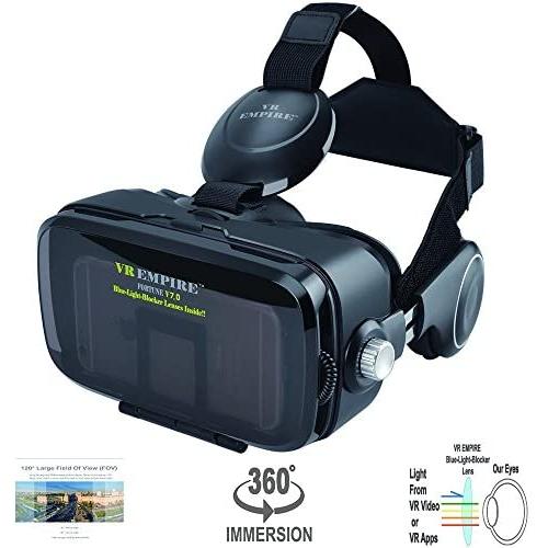 VR Headset Virtual Reality Headset 3D Glasses with 120°FOV, Anti-Blue-Light Lenses, Stereo Headset, for All Smartphones with Length Below 6.3 inch Such as iPhone & Samsung HTC HP LG etc.