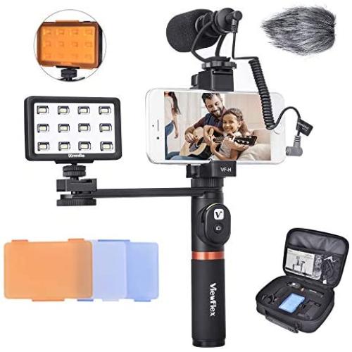Viewflex Phone Video Kit VF-H6 Smartphone Video Rig with Recording Microphone and LED Light, Handheld Grip for iPhone 11 X max 7 8 Plus 6s Android Cellphone,Perfect Volgging Kit