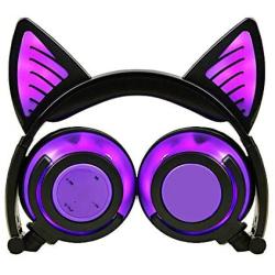 OUYAWEI Cute Cat Ear Rechargeable Gaming Headset with LED Lights Colorful Over Ear Foldable Headphones with Mic for Cell Phone Purple