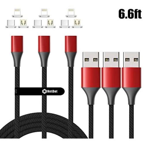 NetDot Magnetic Charging Cable,Gen10 3 in 1 Nylon Braided Fast Charging Magnetic Cable with LED Compatible Micro USB & USB-C Smartphones and i-Product (6.6ft/3 Pack red)