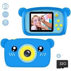 Yuehuam Kids Camera for Boys Birthday Toy Gifts Portable Mini 2 Screen Child Camera 20MP Dual Lens Video Camera DV Camcorder with 32G Memory Card