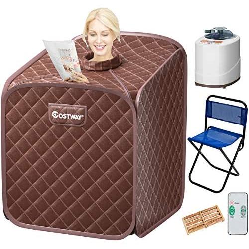 COSTWAY Portable Steam Sauna, 2L Folding Home Spa Sauna Tent for Weight Loss, Detox Relaxation at Home, Personal Sauna with 9 Temperature Levels, Timer, Remote Control, Foldable Chair (Coffee)