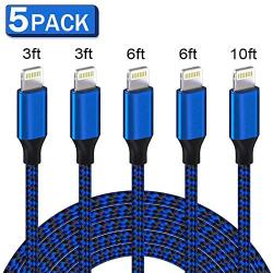 WUYA iPhone Charger MFi Certified 5Pack 3FT/3FT/6FT/6FT/10FT Nylon Woven High Speed Data Sync Lighnting Cable Compatible iPhone 11 Pro Max X XS XR 8 7 6 6S Plus SE 5C and More