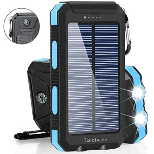 Solar Charger Solar Power Bank 20000mAh Waterproof Portable External Backup Outdoor Cell Phone Battery Charger with Dual LED Flashlight Solar Panel for iPhone Android Cellphones (Black & Blue)