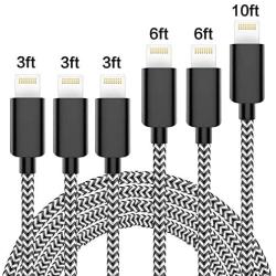 iPhone Charger, Lightning Cables, MFi Certified Cable 6Pack 3FT 3FT 3FT 6FT 6FT 10FT Extra Long Nylon Braided USB Fast Charging& Syncing Cord Compatible with iPhone/XS/XR/X/8/8Plus/7/7Plus/6S and More