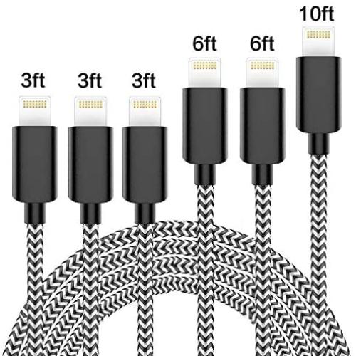 iPhone Charger, Lightning Cables, MFi Certified Cable 6Pack 3FT 3FT 3FT 6FT 6FT 10FT Extra Long Nylon Braided USB Fast Charging& Syncing Cord Compatible with iPhone/XS/XR/X/8/8Plus/7/7Plus/6S and More