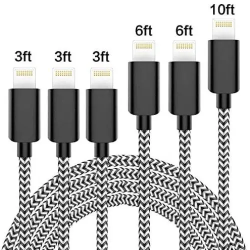 iPhone Charger, Lightning Cables, MFi Certified Cable 6Pack 3FT 3FT 3FT 6FT 6FT 10FT Extra Long Nylon Braided USB Fast Charging& Syncing Cord Compatible with iPhone/XS/XR/X/8/8Plus/7/7Plus/6S and More iPhone Charger, Lightning Cables, MFi Certified Cable 6Pack 3FT 3FT 3FT 6FT 6FT 10FT Extra Long Nylon Braided USB Fast Charging& Syncing Cord Compatible with iPhone/XS/XR/X/8/8Plus/7/7Plus/6S and More