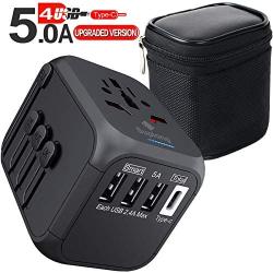 Upgraded Worldwide Universal Travel Adapter,International Power Adapter Fast Wall Charger AC Plug Adaptor with 5.0A High Speed USB Charger & 3.0A Type-C for USA EU UK AUS 200+ Countries (Black)