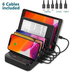 Charging Station for Multiple Devices 6 Short Mixed Charging Cables Multi USB Charger Station Organizer for Cell Phones Apple Samsung Tab Electronics Tech Gadget -Black