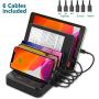 Charging Station for Multiple Devices 6 Short Mixed Charging Cables Multi USB Charger Station Organizer for Cell Phones Apple Samsung Tab Electronics Tech Gadget -Black