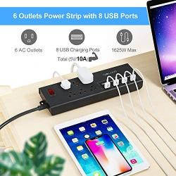 Power Strip,QOLIXM Surge Protector with 6 AC Outlets & 8 USB Ports (5V/10A)，1625W/13A,6 Feet Long Extension Cord for Multiple Devices Smartphone Tablet Laptop Computer