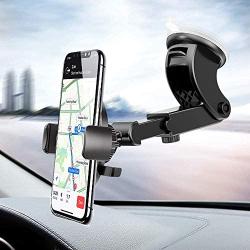 Windshield Phone Stand for Car, Dashboard Phone Mount 360° Rotation Stretchable One Touch Car Holder Compatible for iPhone 8 Plus X XR XS MAX 7 6s Samsung S10 S8 S9 Plus S7 Note 9 8 LG G5 G6 Nexus 5X